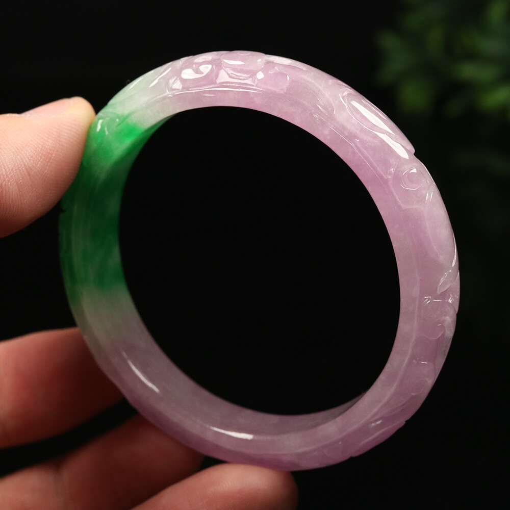 55mm Lavender Purple Green Jadeite Jade Bracelet Bangle Ruyi Flower A-11675
