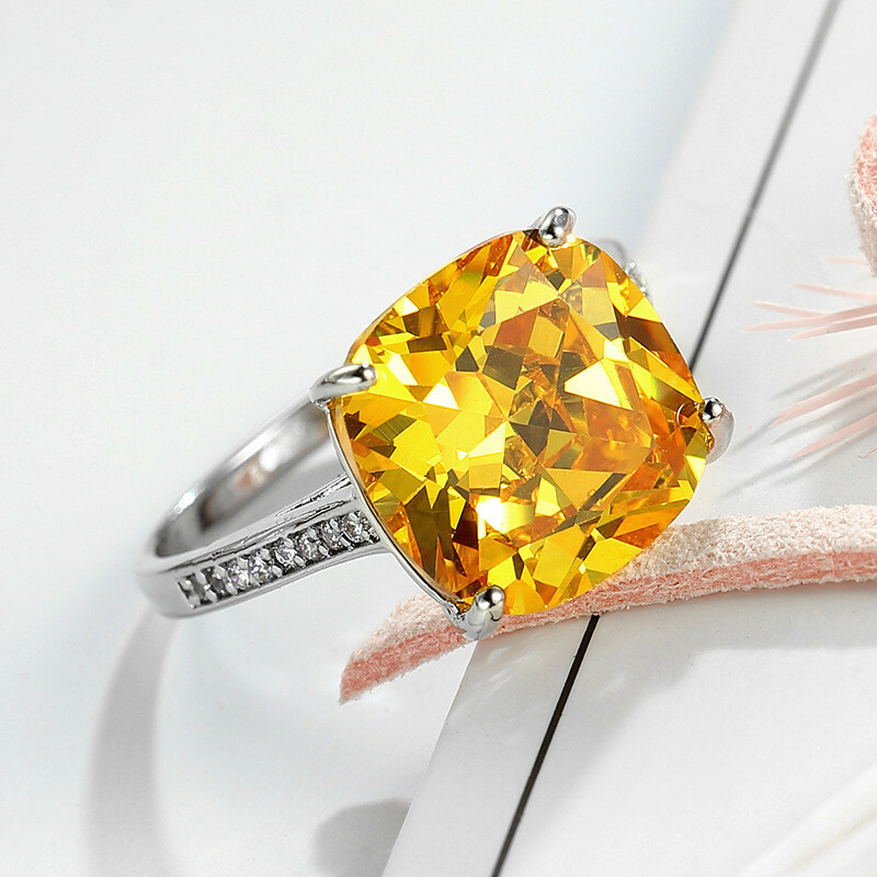 Handmade Square Shaped Natural Shiny Yellow Citrine Gems Silver Ring Size 6-10