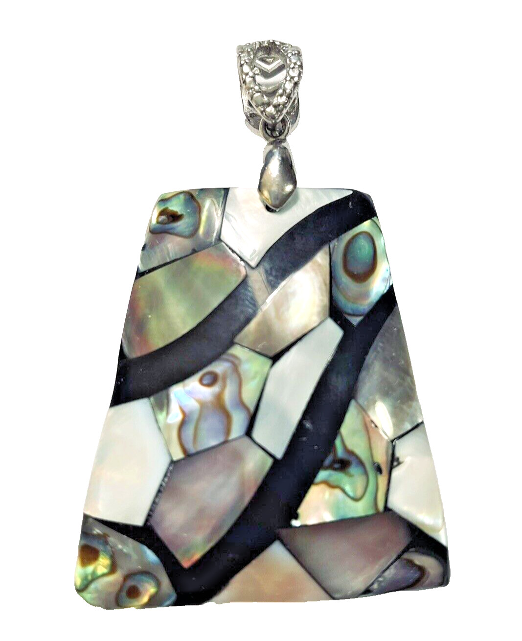 Abalone Pendant Mosaic Shell & Onyx 2 1/2″ Lovely Eyecatching Statement