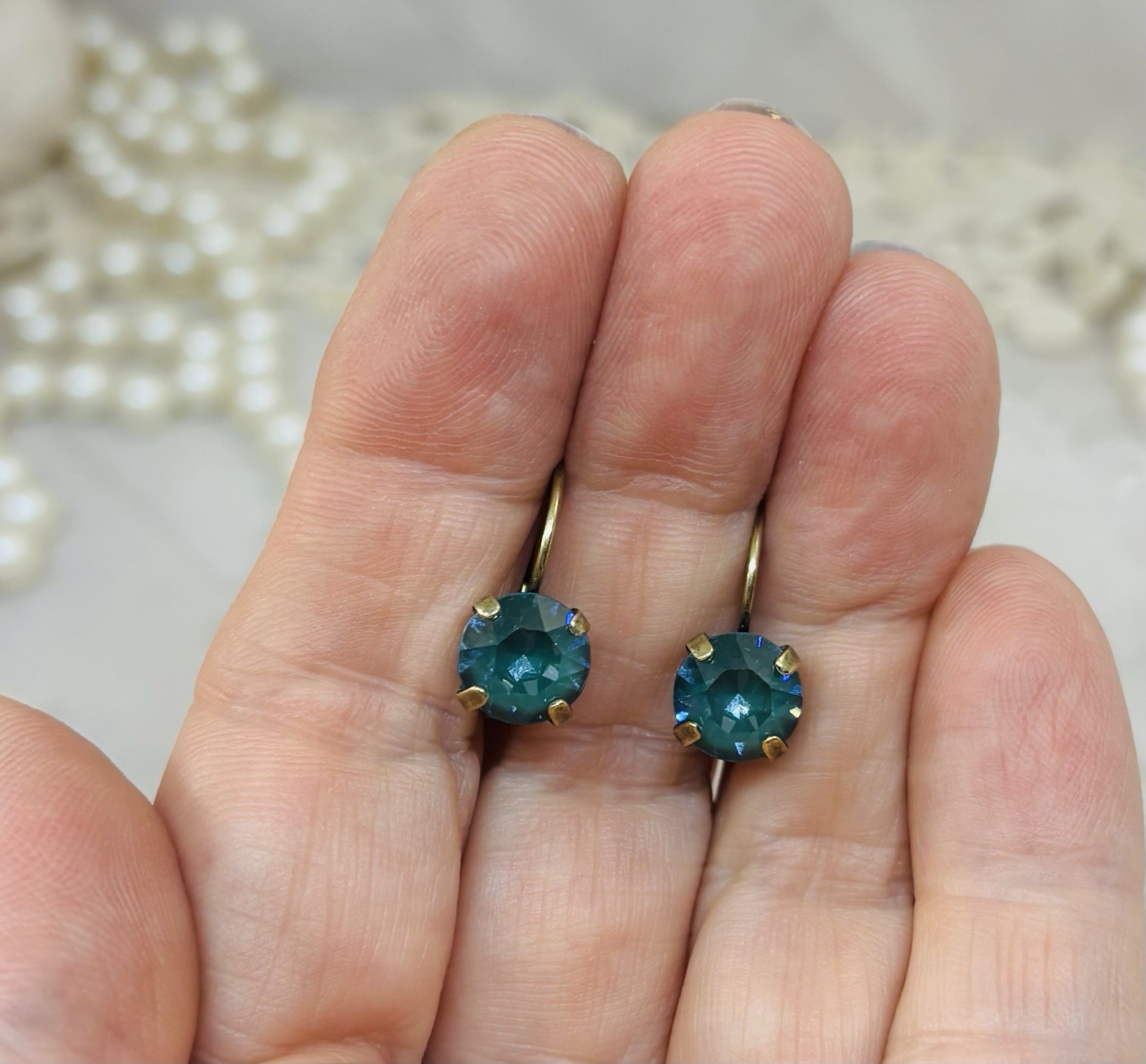 8mm Antique Brass Plated Pine Green Ignite Crystal Cup Chain Earrings