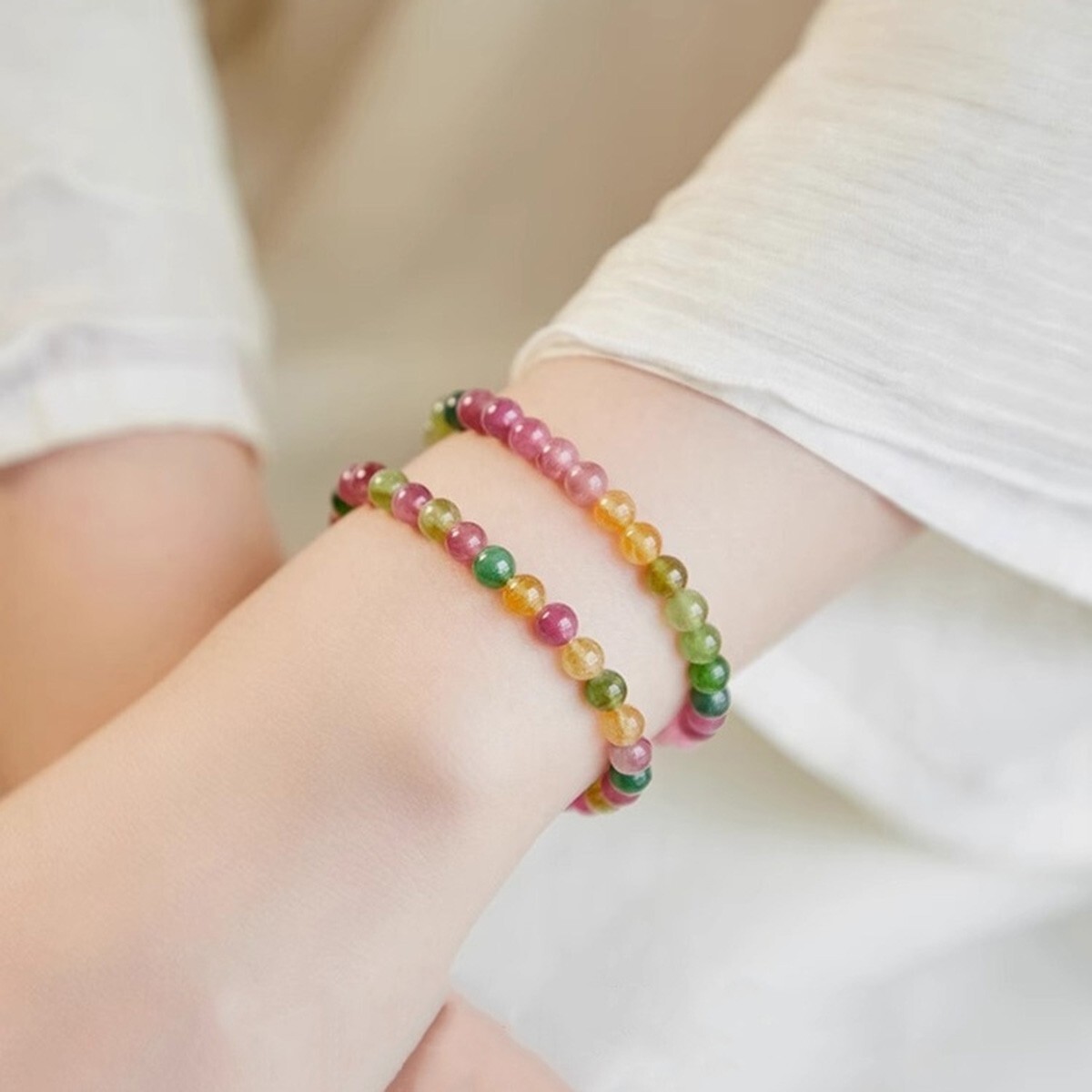 Rainbow Tourmaline Crystal Gemstone Stretch Dainty Bracelet Minimalist 4mm Beads