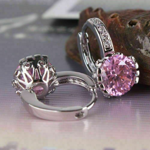 Round Cut Simulated Pink Sapphire Women’s Drop Earrings In 14k White Gold Plated