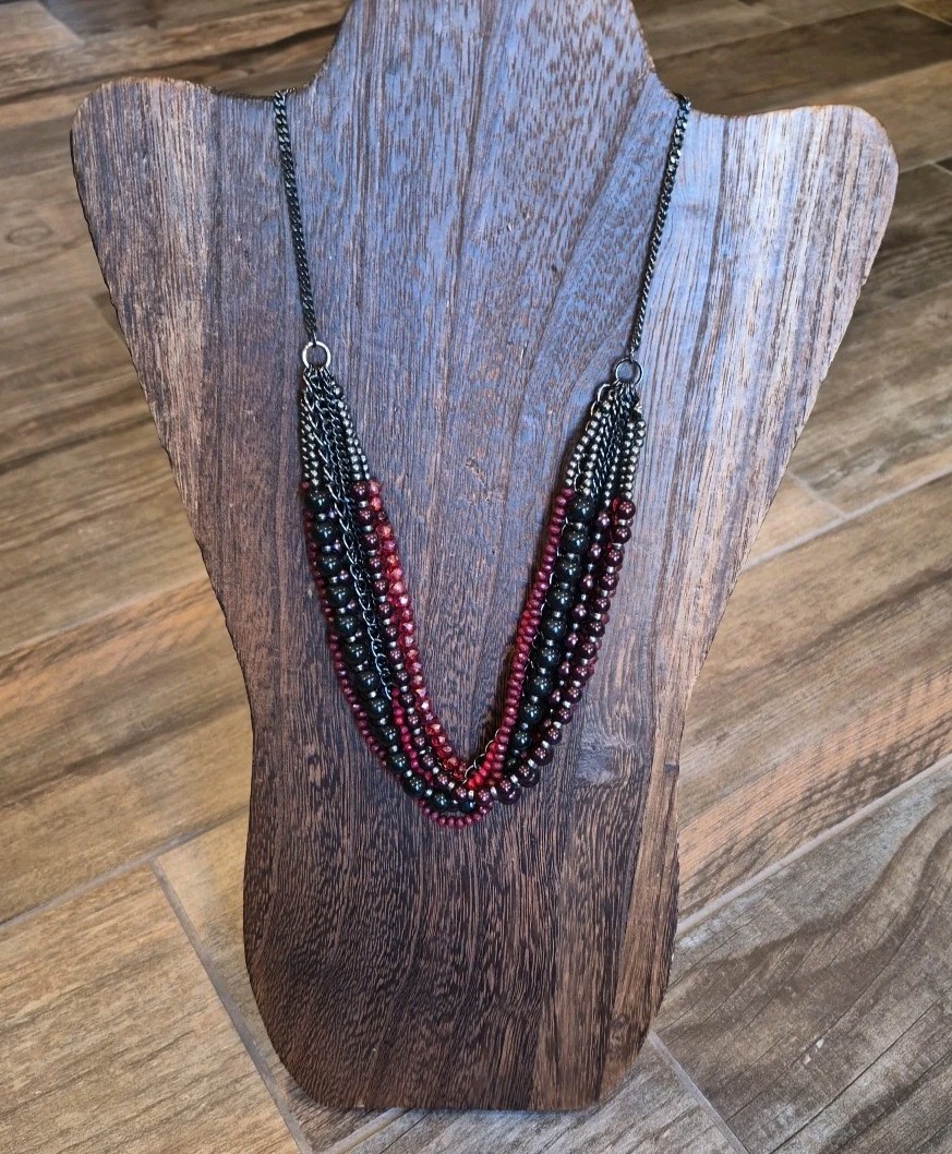 Multistrand Black, Purple, & Red Gunmetal Silver Tone Beaded Chain Necklace