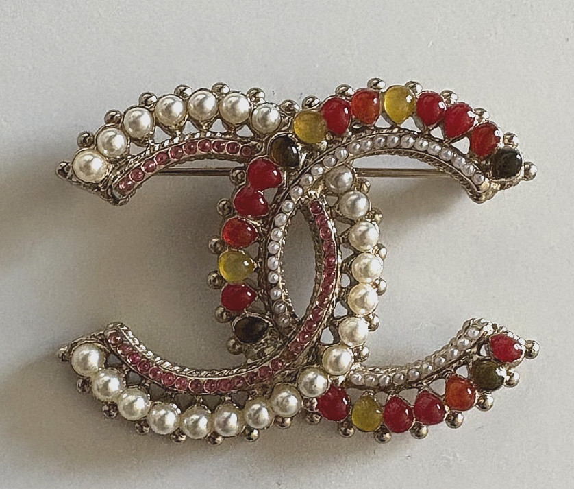 Chanel Faux Pearl Crystal Colorful Stone Brooch 1.5 x 2 inches