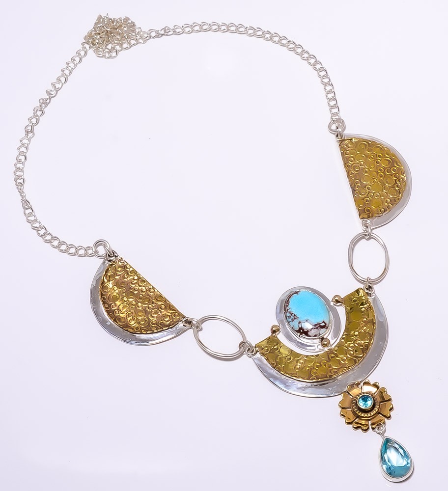 Turquoise – Tibetan 925 Sterling Silver Two Tone Handmade Necklace 17.99″ A378