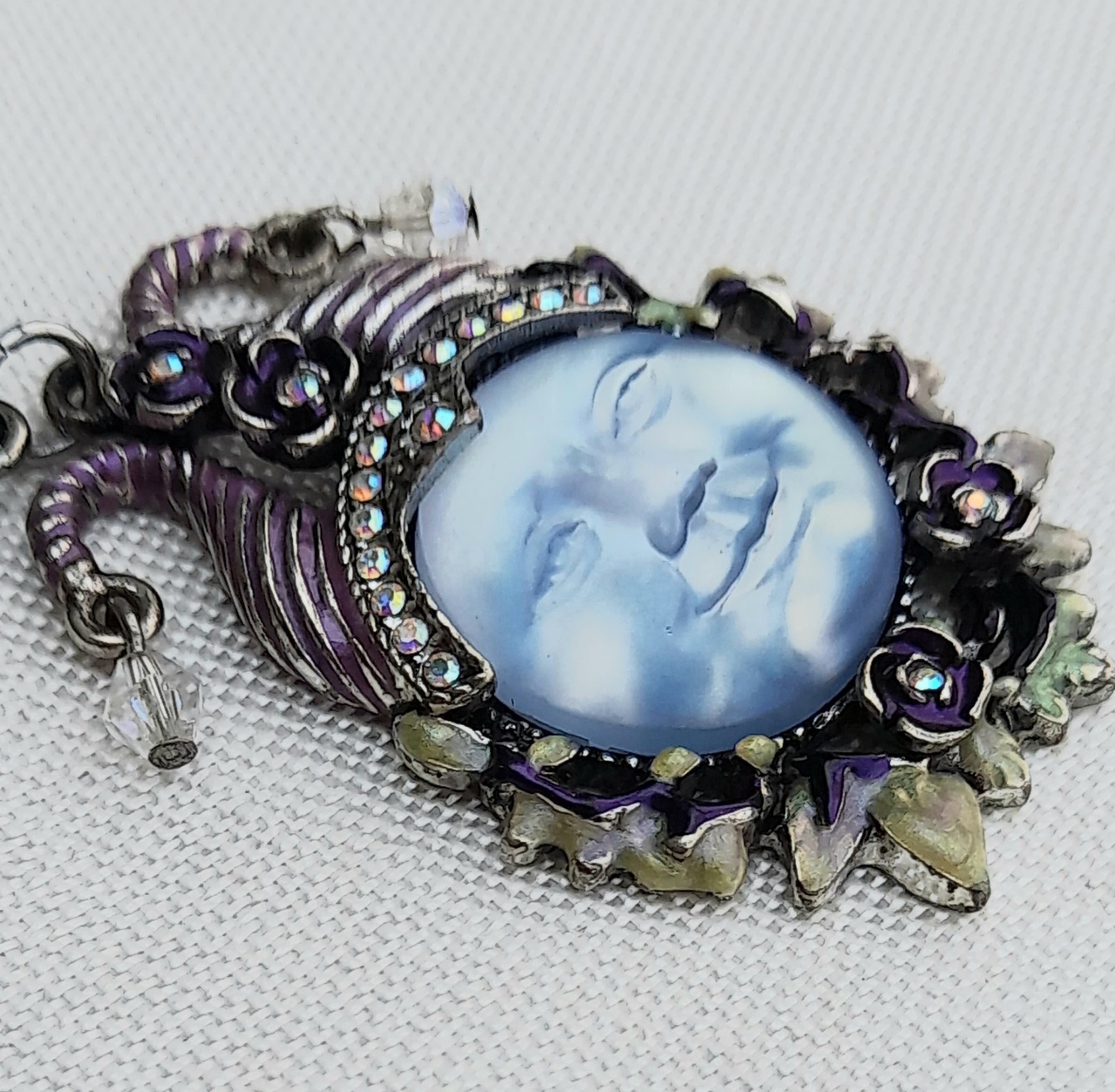 Kirks Folly Sea view Moon Face pendant necklace enamelled with ab stones signed