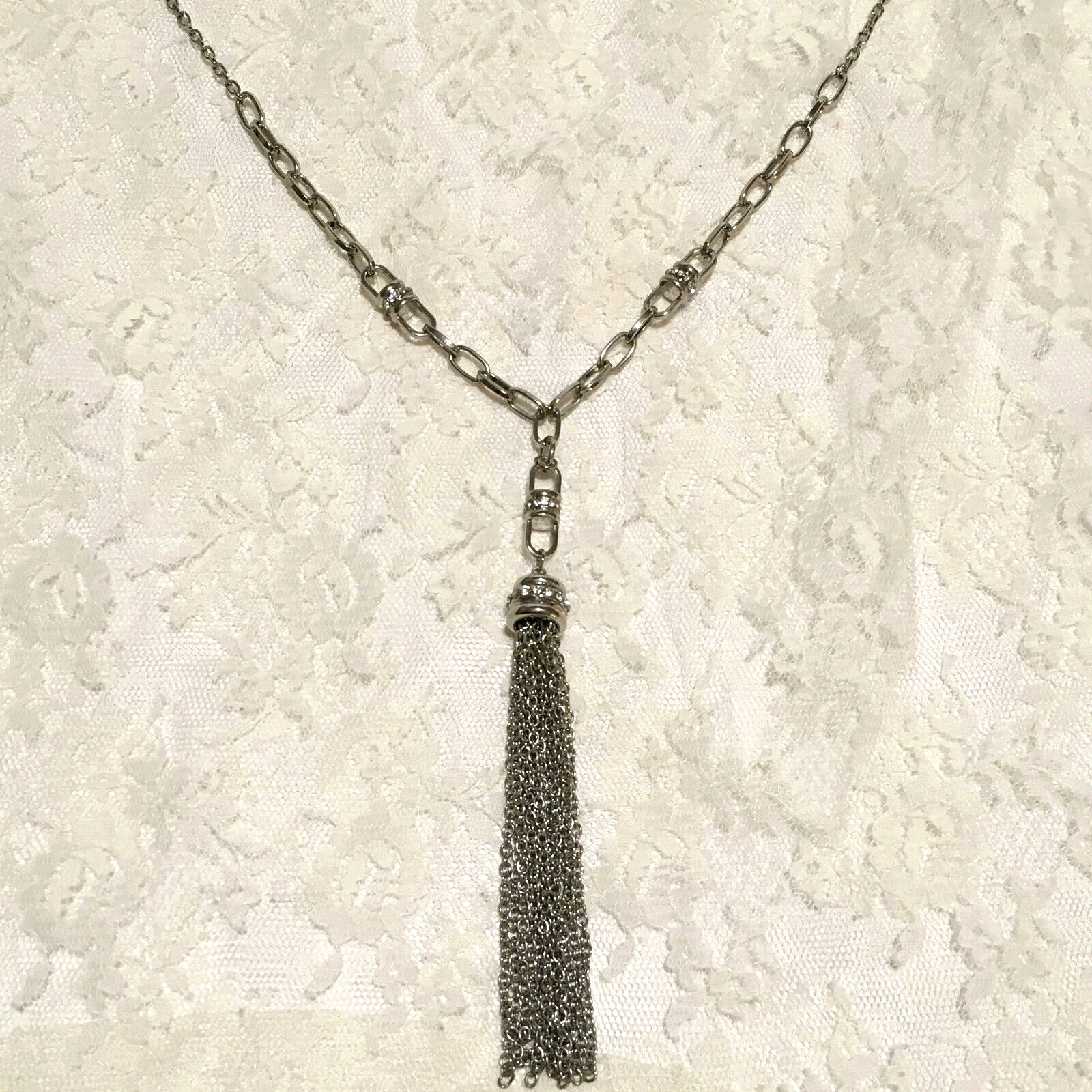 Vintage Tassel Lariat Chain Necklace Silver Tone Rhinestones 2000s signed NY