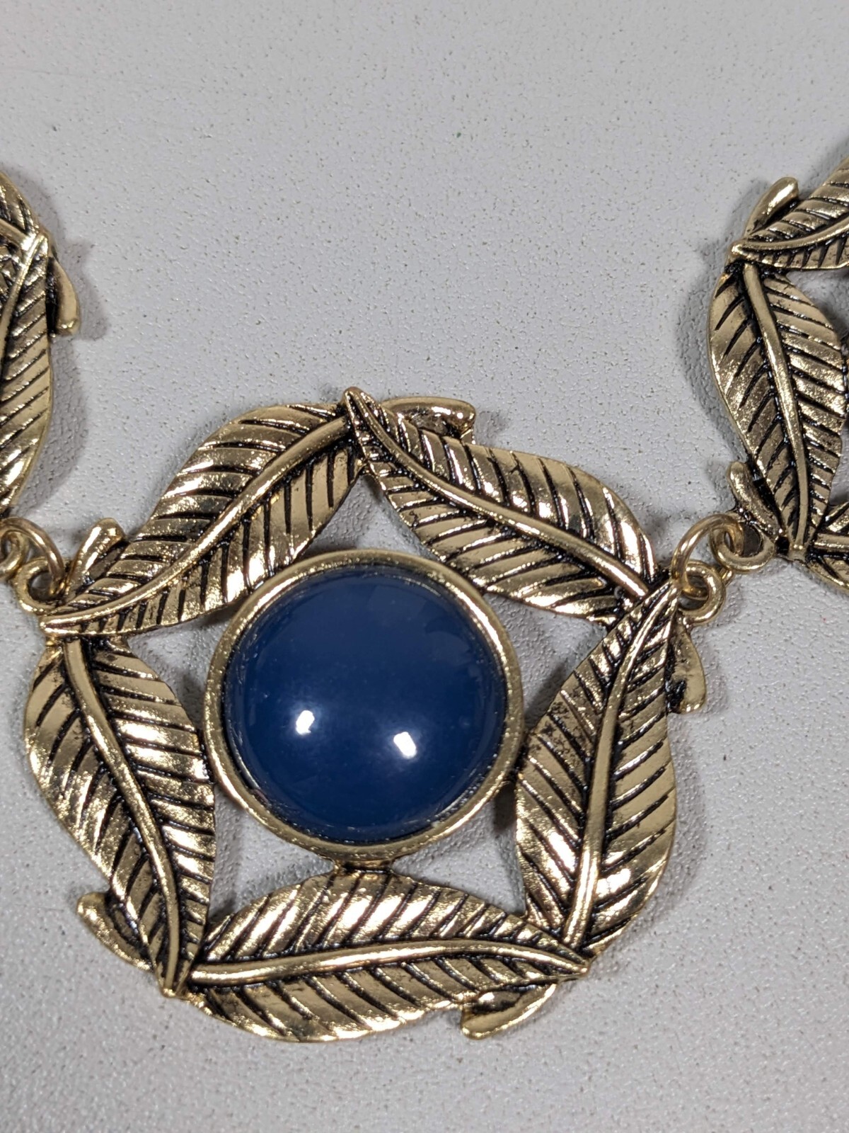 Boho Coastal Blue Bubble Cabochon Leaf Statement Necklace Bold Chunky 21 in