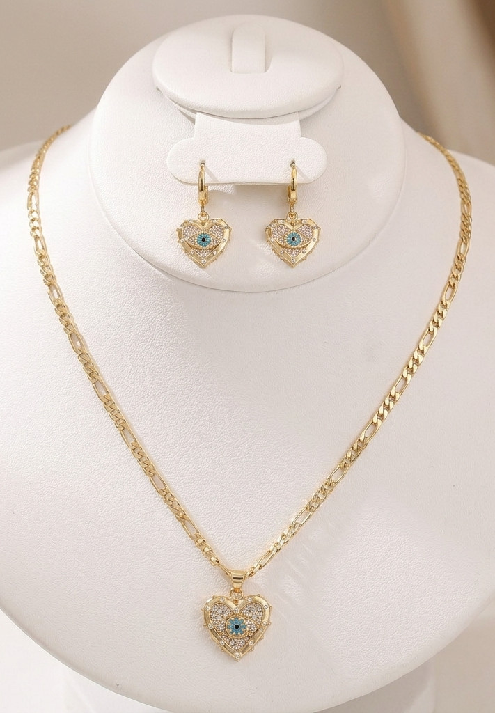 18K Gold Plated Evil Eye Heart Pendant Necklace Huggie Earrings Jewelry Set