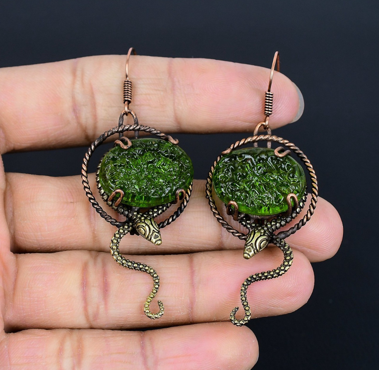 Moldavite Handmade Gemstones Copper Wire Wrap Earrings Jewelry Gift For Sister