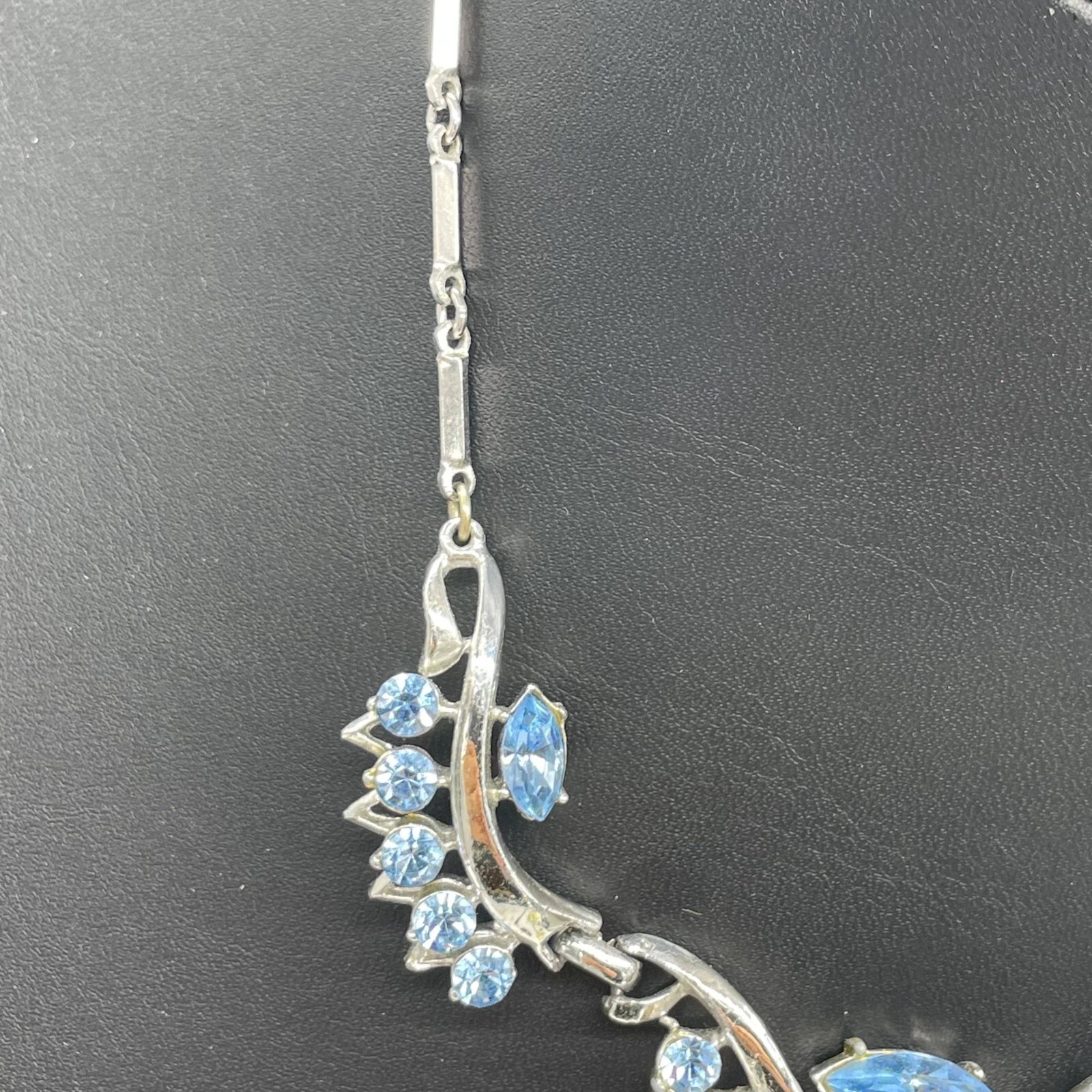 Blue Rhinestone Crystal Chain Necklace 14 to 17 Inches Hook Closure Silver Tone