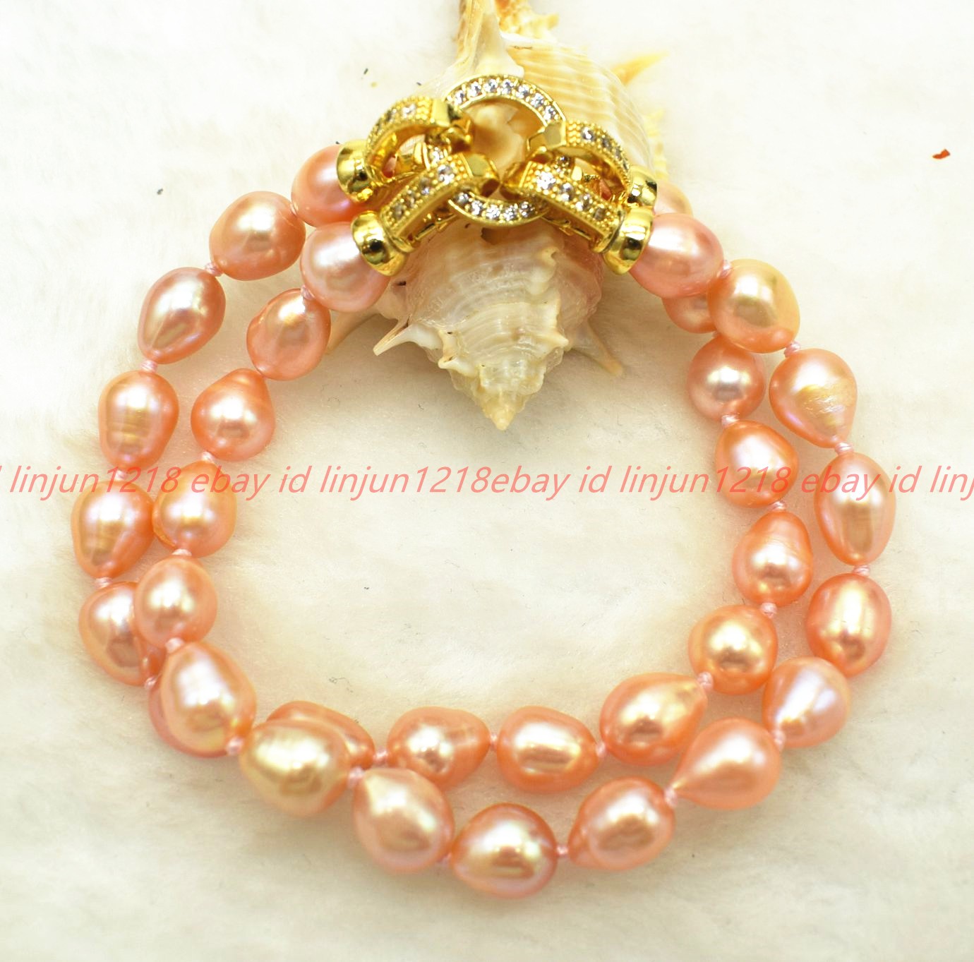Pretty Natural 2 Rows 7-8/8-9mm Pink Freshwater Rice Pearl Gems Bracelet 7-9in