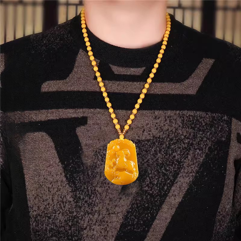4.8cm Chinese Retro Huanglong Jade Twelve Chinese Zodiac Signs Pendant Necklace