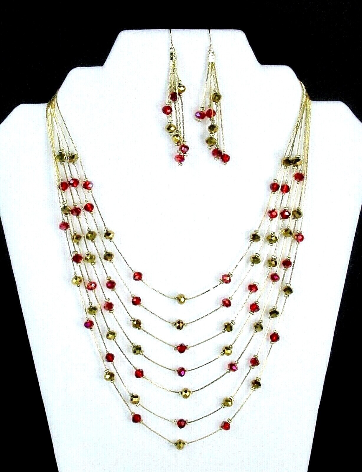 Red Gold Aurora Borealis Necklace Earring Set Glass Beads Hat Society Lady