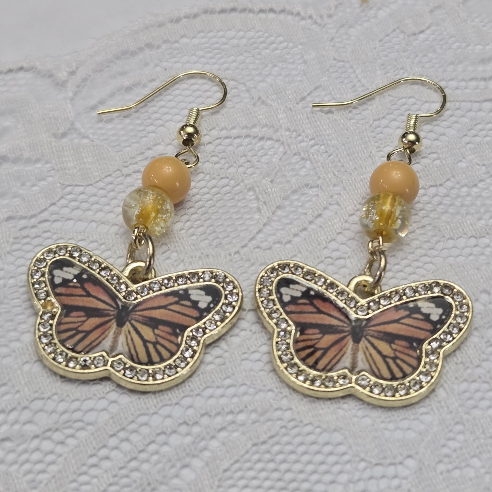 Earrings Butterfly Dangle Drop Beaded Gold Orange Yellow Animal Insect Nature
