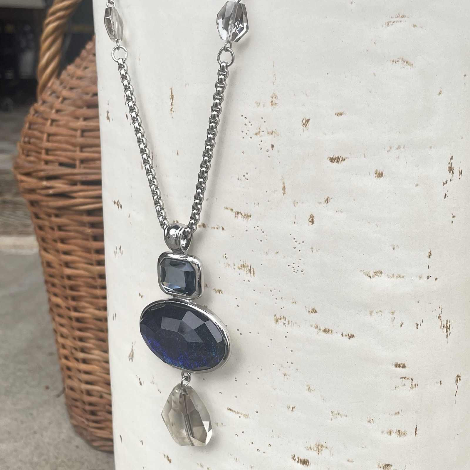 Chico’s Silver Tone Textured Chain Gray Cord Blue Jewel Charm Necklace Chic 34”
