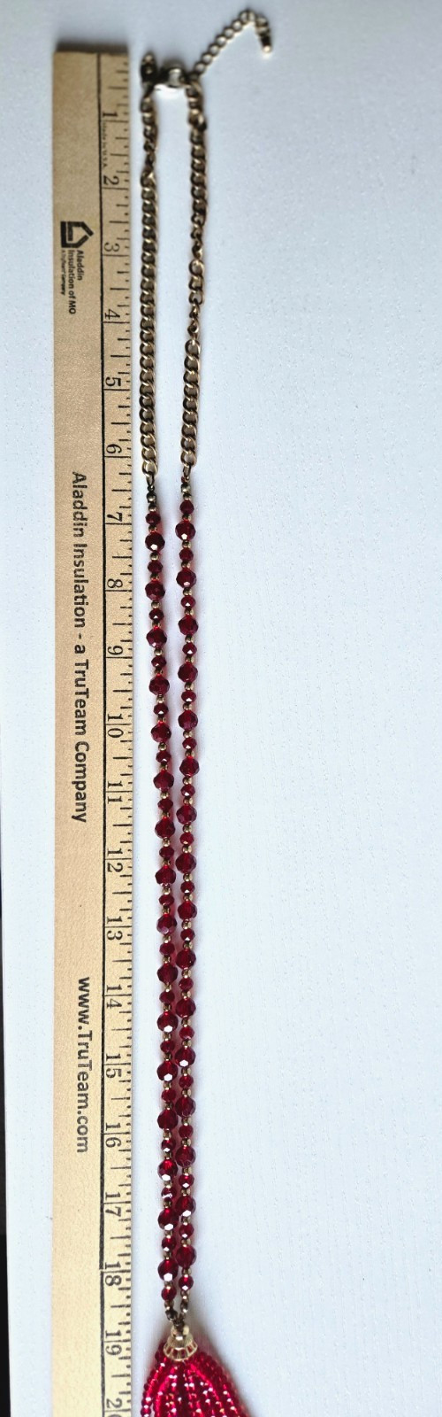 Charming Charlie Long Gold Tone Red Faceted Glass Bead Tassel Necklace 36 in