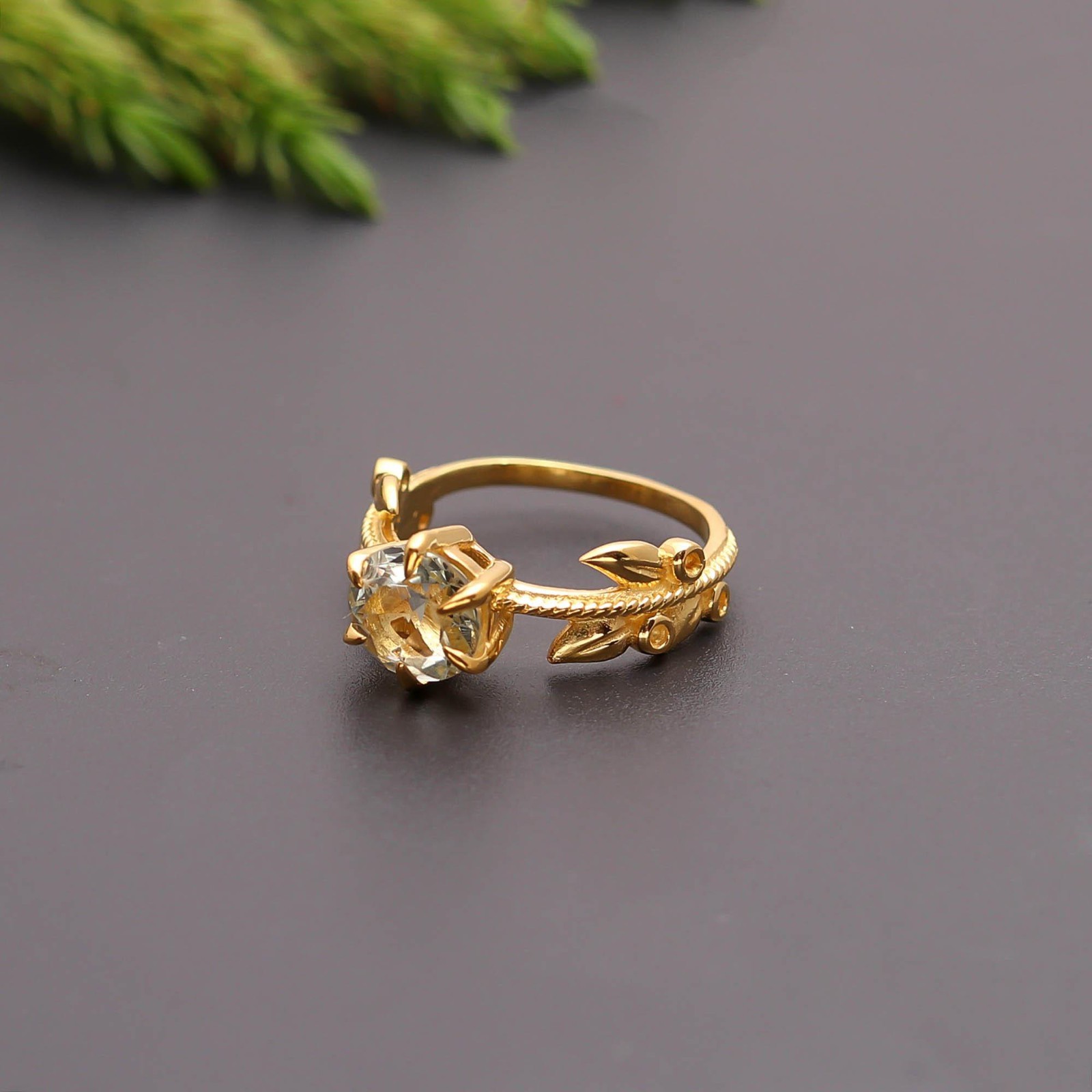 Natural Green Amethyst Round Leaf Ring 925 Sterling Silver Gold Plated Jewelry