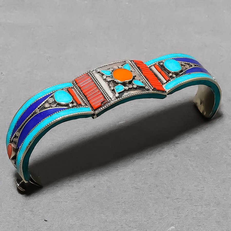 Yellow Coral Turquoise Lapis Lazuli Cuff Bohemian Vintage Nepali Jewelry NC 734