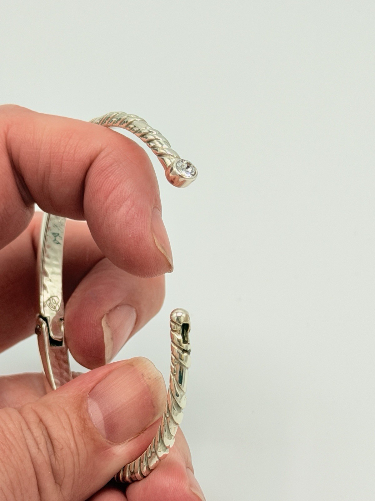 Brighton Silver Tone Hinged Cuff Bracelet Twisted Rope Crystal Bangle