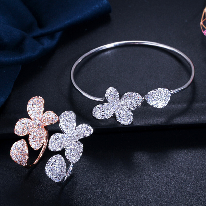 Rose Gold Plated Flower Cuff Bangle Bracelet and Ring Women CZ Party Jewelry Set