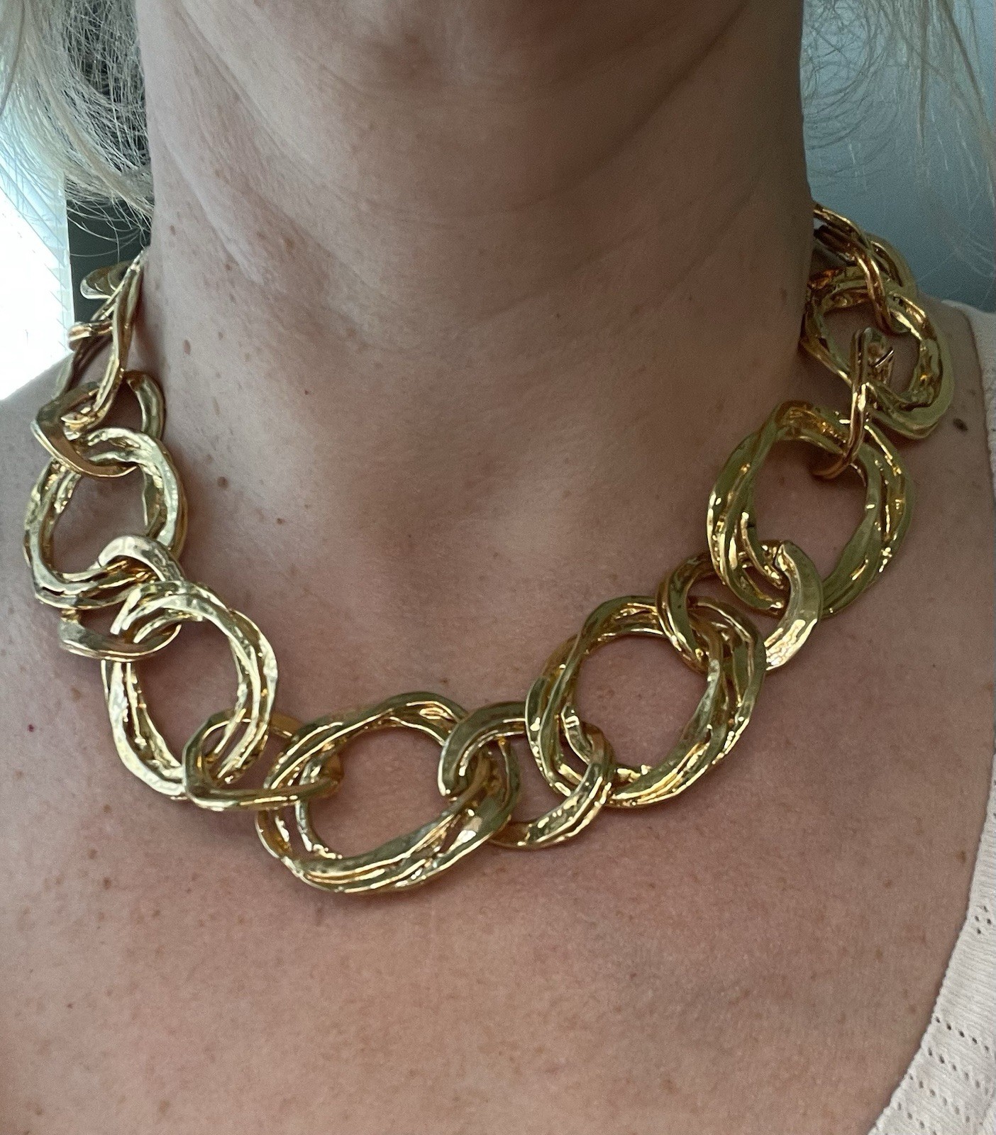 VTG Signed KJL Kenneth Jay Lane Polished GoldTone Link Collar Necklace W/Bag
