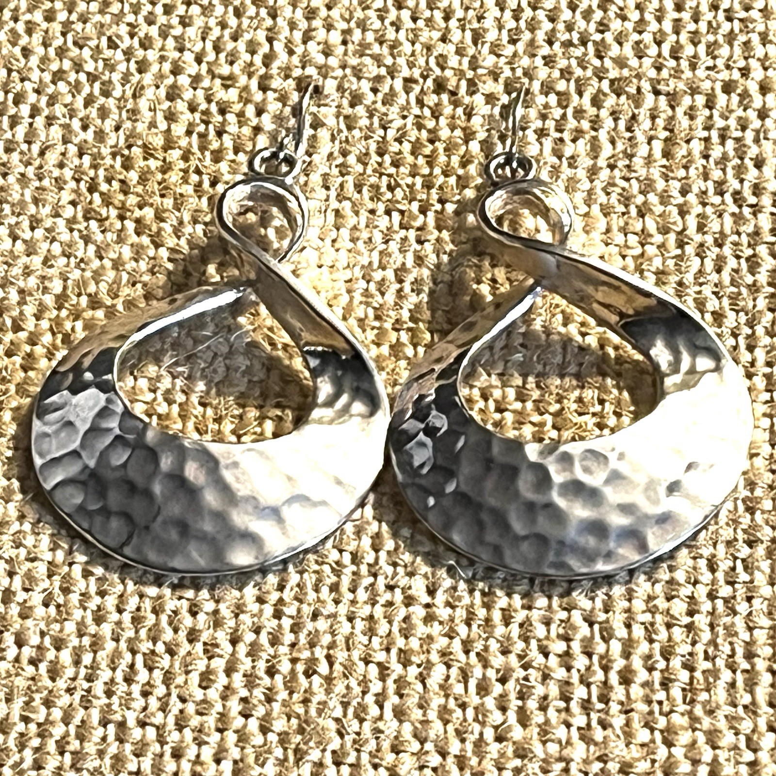 Hammered Silverplate Pierced Earrings 1 3/4 Inches Long Twisted Oval Dangles