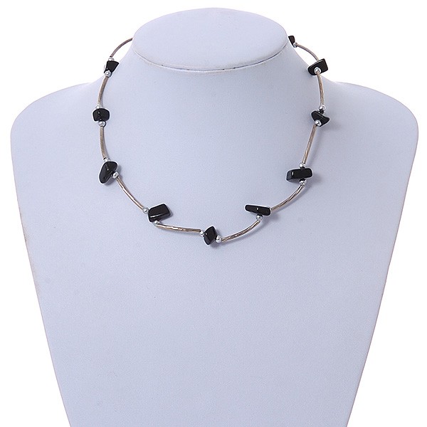 Black Semiprecious Stone with Silver Bar Necklace/ 42cm L/ 5cm Ext