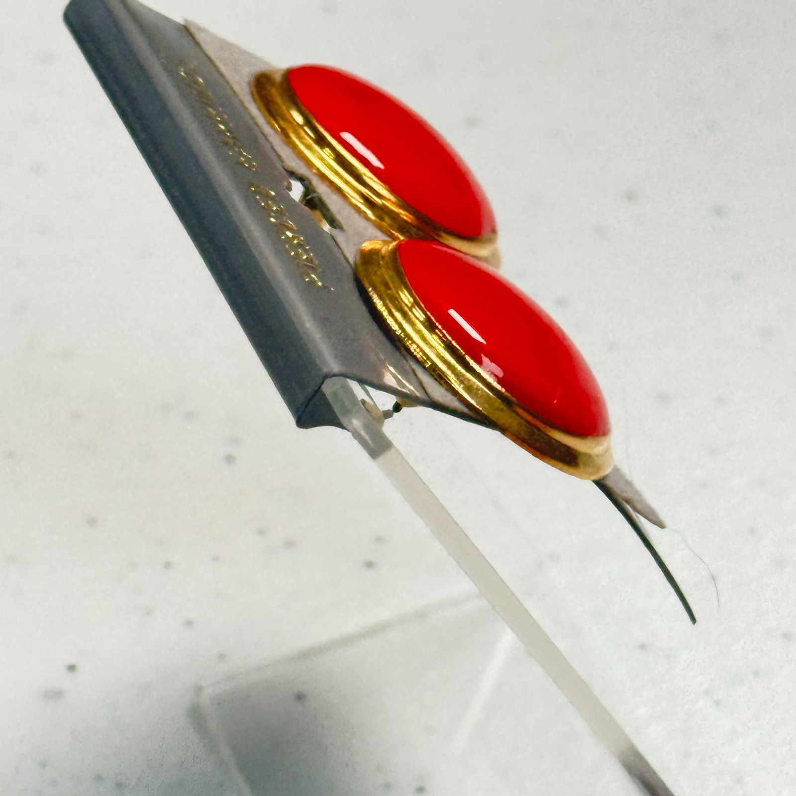Vintage Pierced Earrings Red Enamel Dome Gold Tone 80s Statement Studs