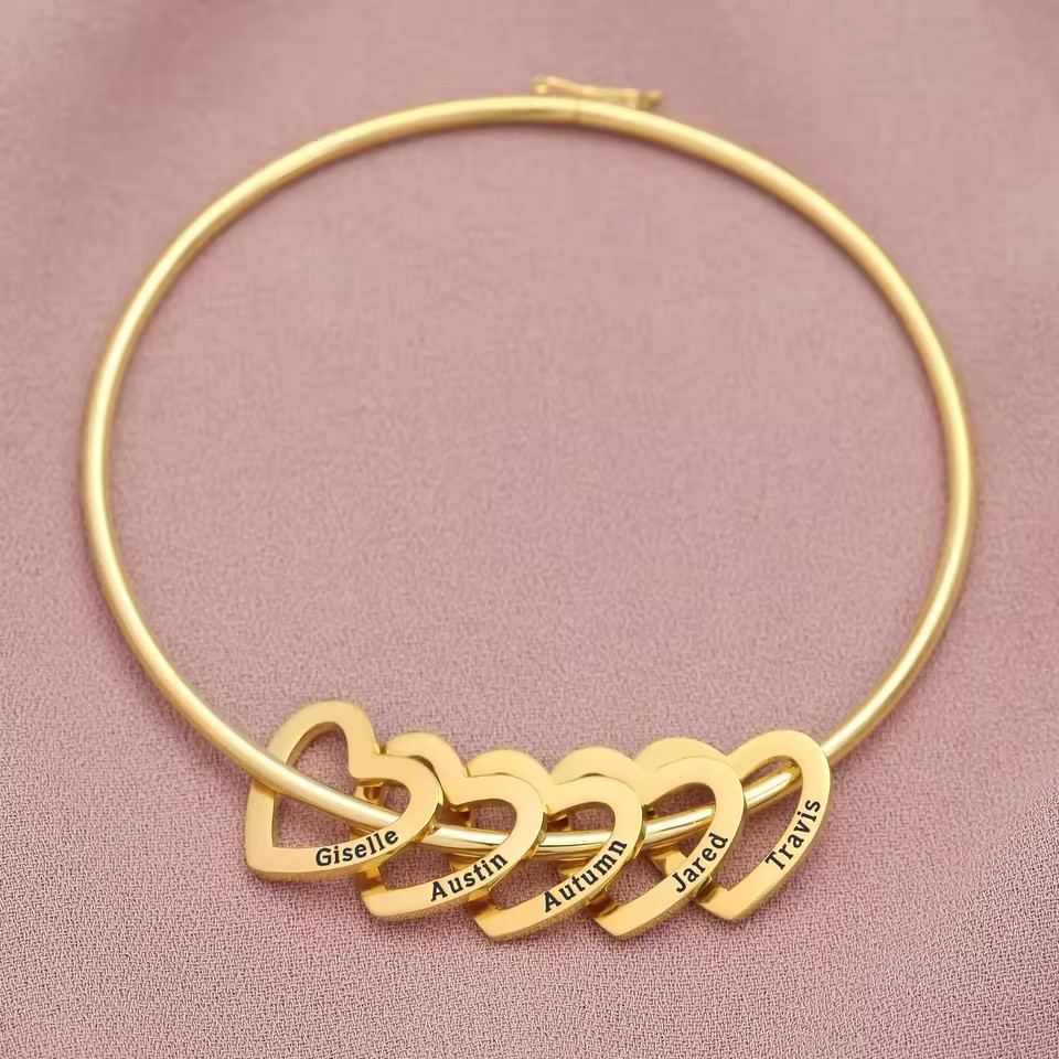 Custom 1-6 Name Bracelet Bangle Cuff Engraved Jewelry Hearts Family Couple Gift