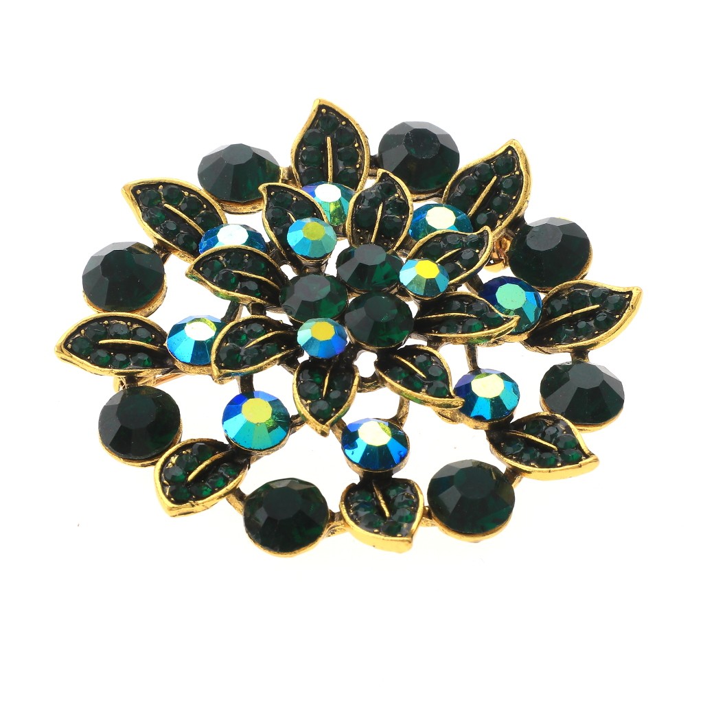 Antique Gold Alloy Metal Large Crystal Rhinestone Flower Brooch P1613-EME