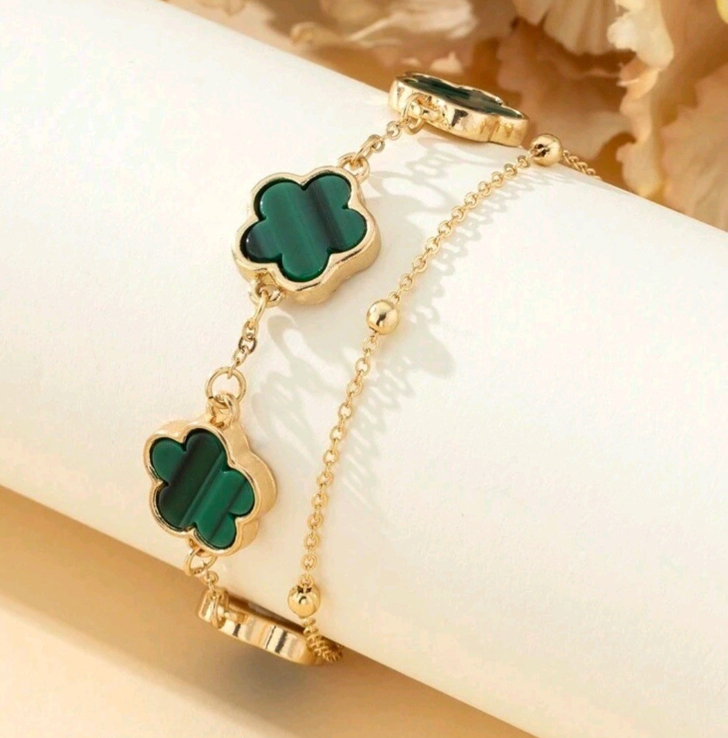 Gold-Tone Adjustable Cable Chain Green Clover Dangle Charm Bracelet 15cm+5cm