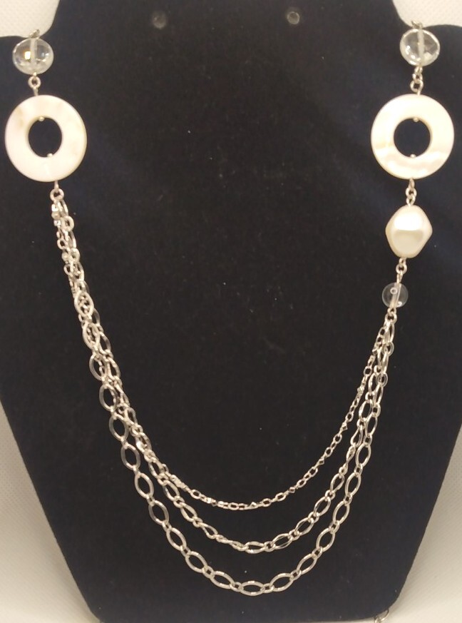 Long Silver Tone And Mother Pearl Necklace By Lea Sophia