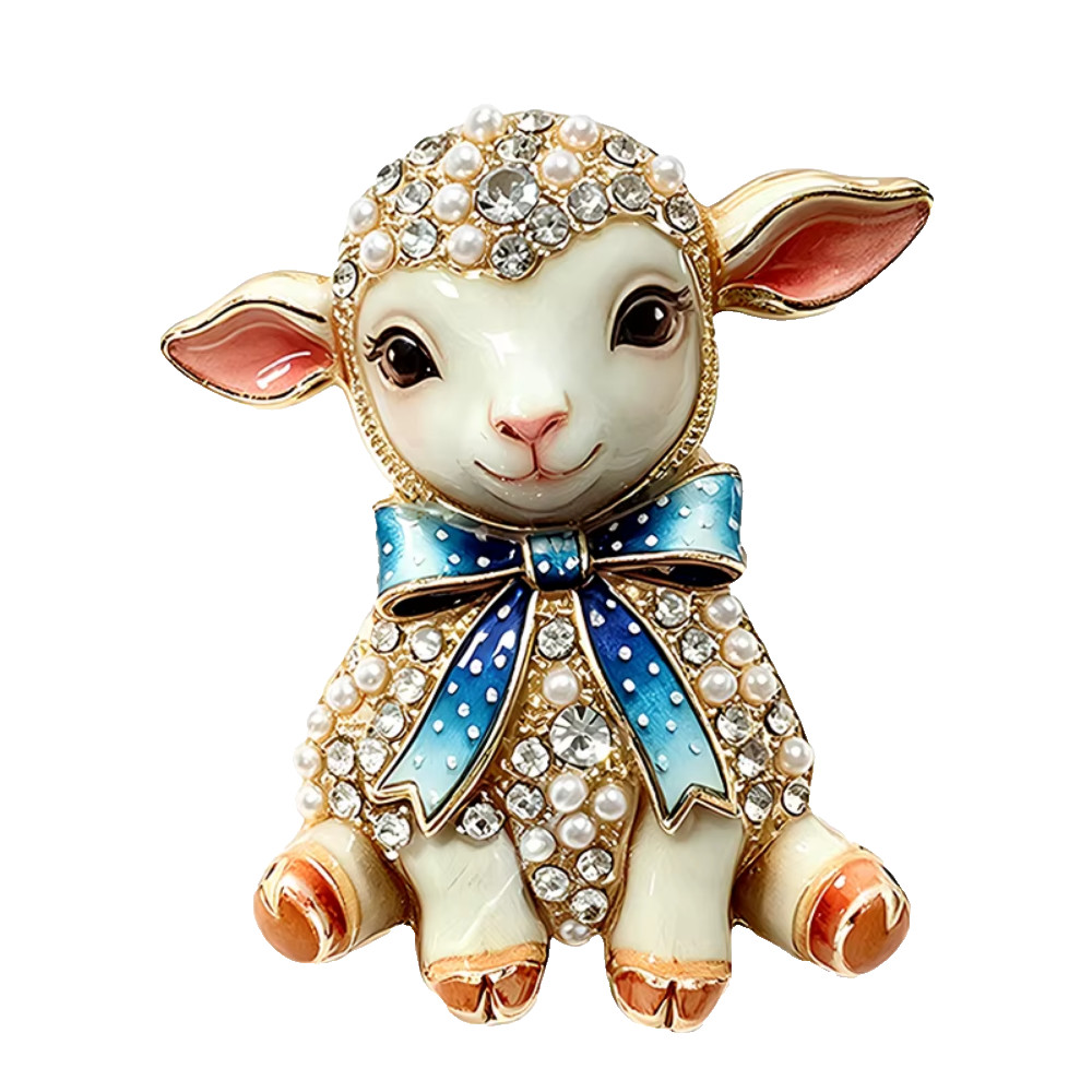 Rhinestone Lamb Brooch Pearl Crystal Sheep Pin Gold Tone Animal Jewelry Gift