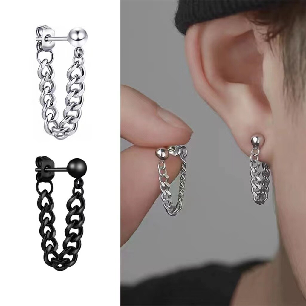 Men’s Silver Black Cuban Link Chain Stud Earrings Surgical Steel Drop Dangle