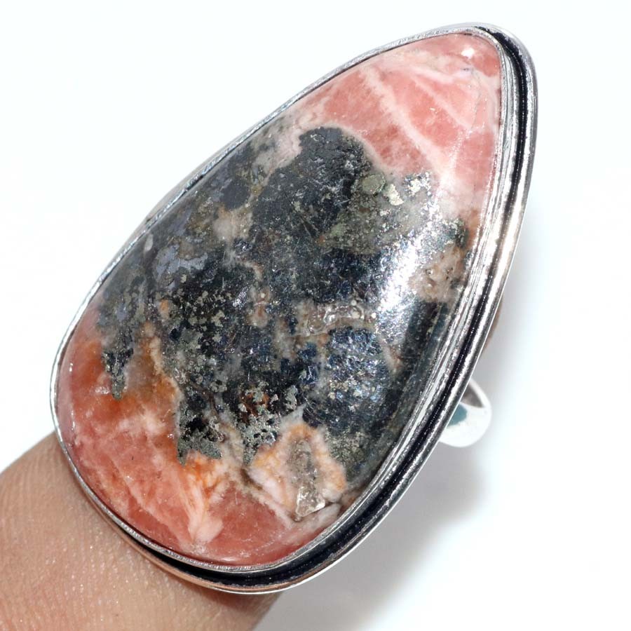 925 Silver Plated Pyrite In Rhodochrosite Ring US 8.5 Christmas Jewelry JW