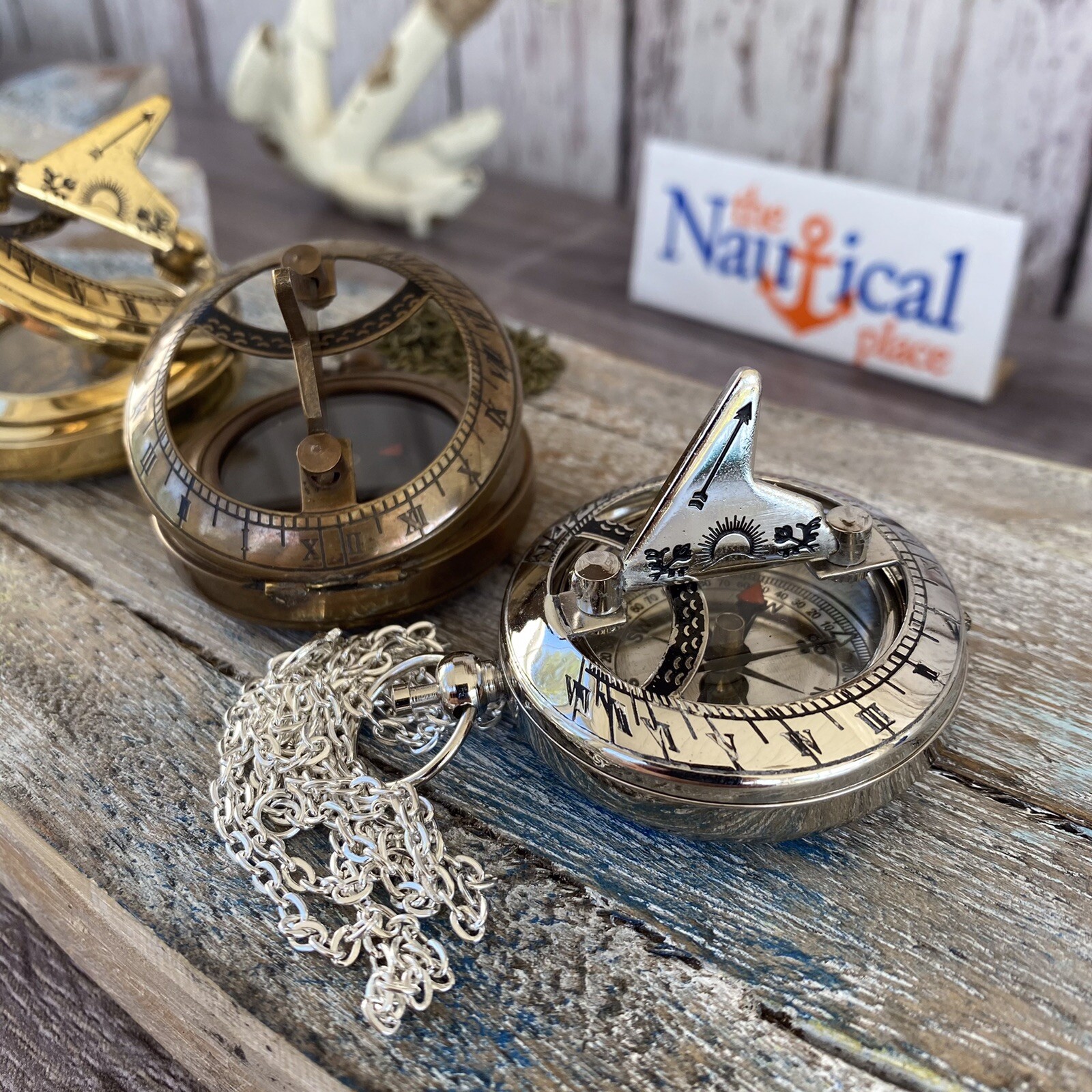 Brass Compass – Sundial, Push Button w/ Lid – Antique, Gold, Silver – Necklace