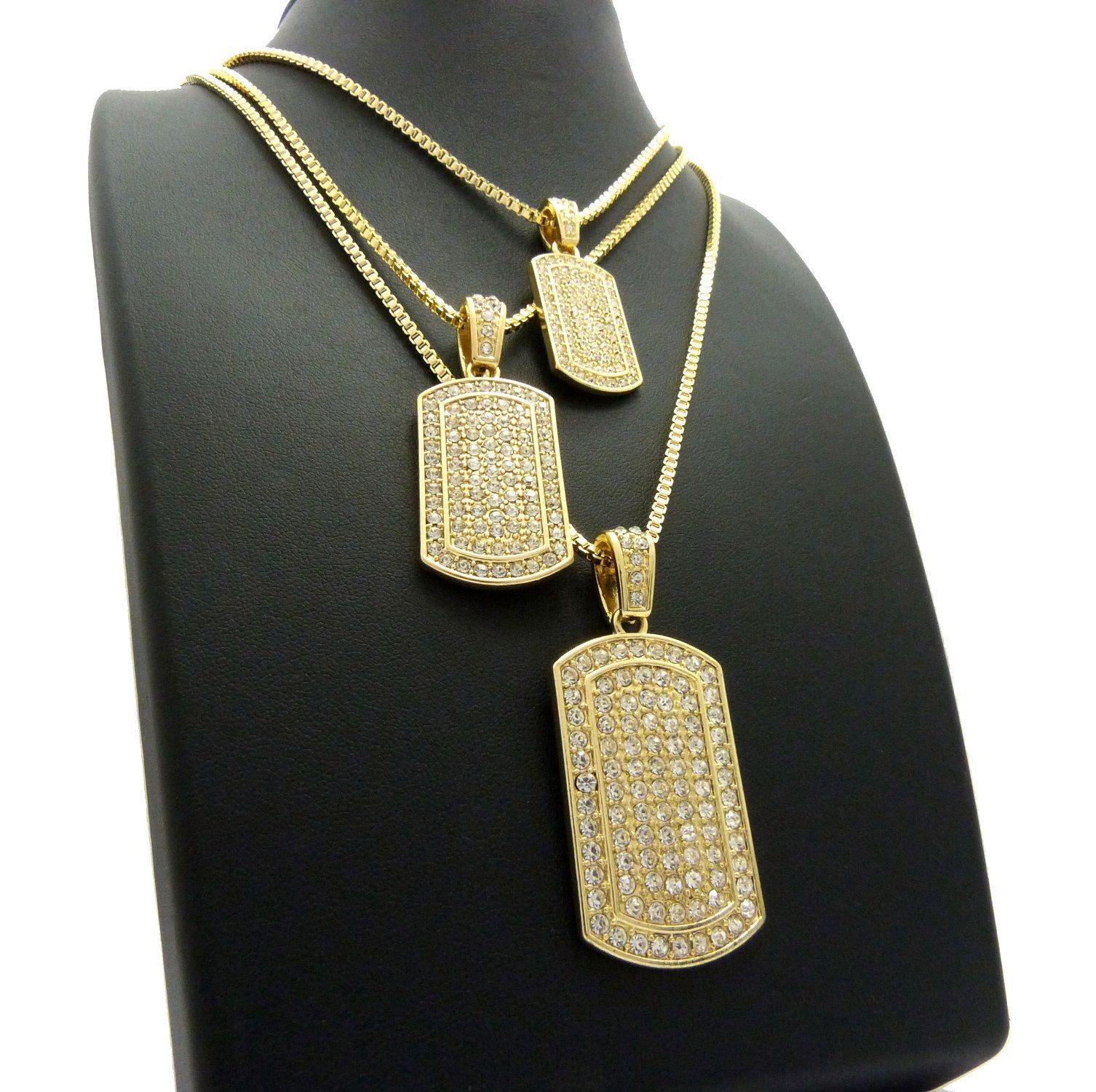 Iced Hip Hop Three Dog Tag Pendant & 24″, 27″, 30″ Box Chain 3 Necklace Set