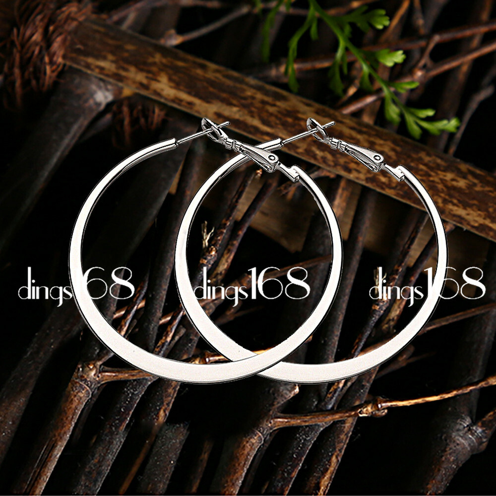 Classic Real 925 Sterling Silver 2″/50.8mm Large Flat Fashion Hoop Earrings C903