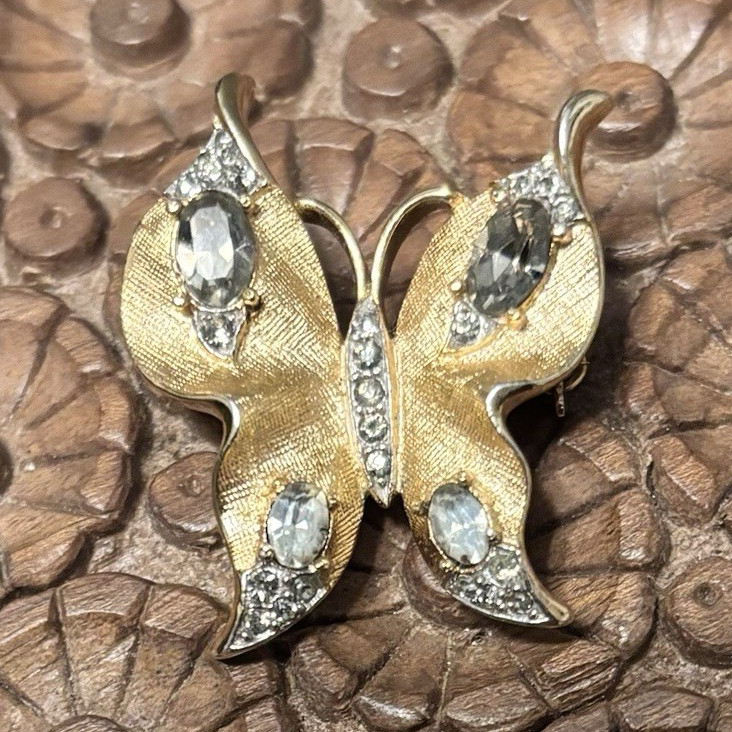 Trifari Signed Gold Tone Butterfly Brooch Pin with Clear Rhinestones