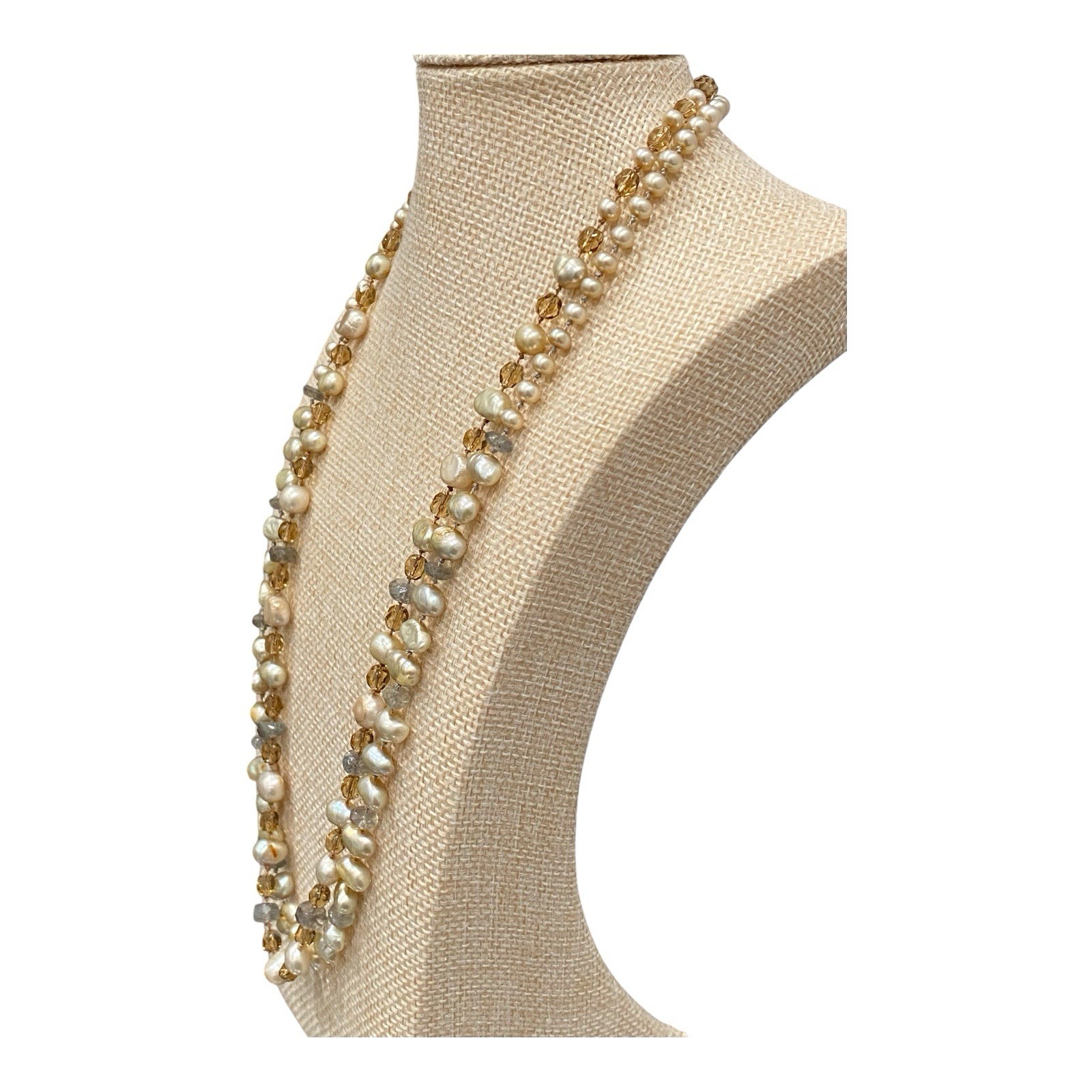 Vintage Artisan Pearl Citrine Multi Strand Necklace Sterling Silver Spiral Clasp