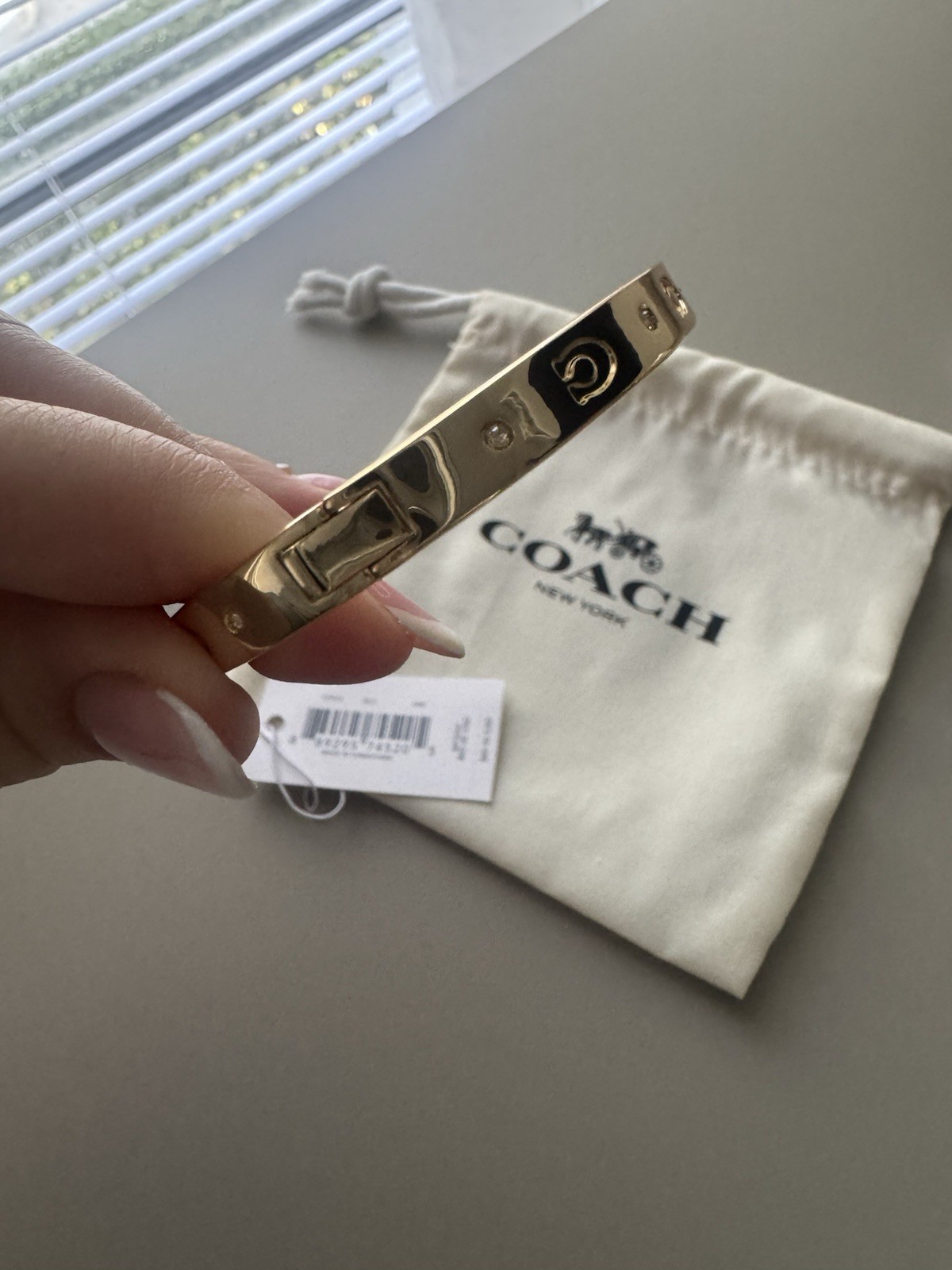 Coach Gold Tone Hinged Bangle Bracelet, Signed Logo