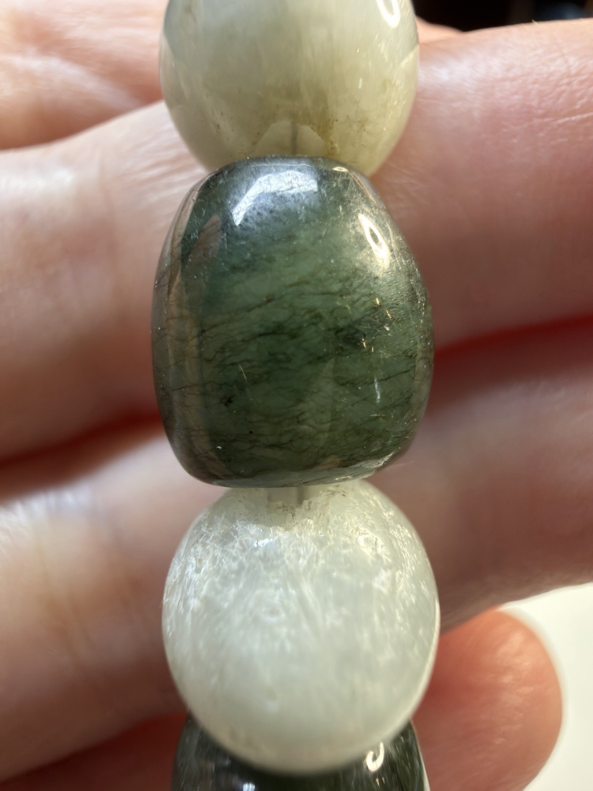 Vintage Natural Green Nephrite Jade & Agate Barrel Bead Toggle Bracelet 19.5cm