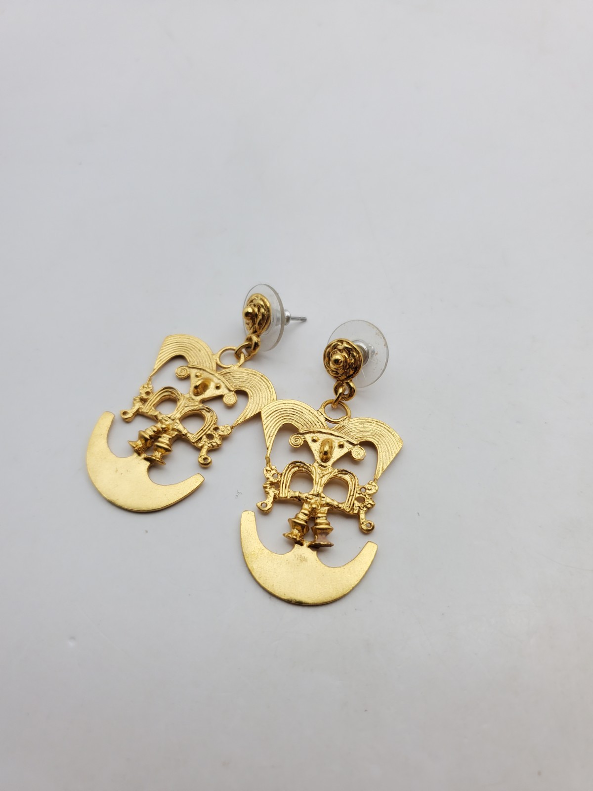 Vintsge Gold Plated Pre-Columbian Bird Shaman Dangle Pierced Earrings 1.75″