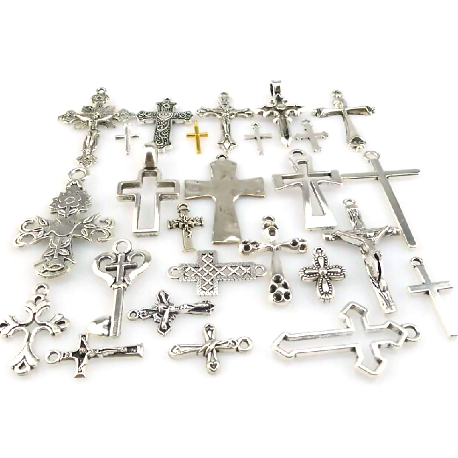 25PCS MIX Cross Pendant Vintage Antique Silver Tone Alloy Faith Religious Charm