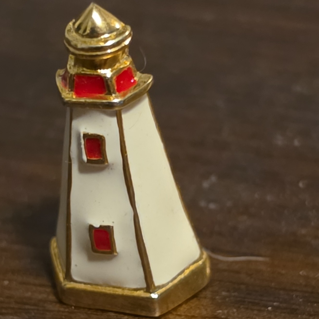 Gold Tone Lighthouse Brooch Pin White Red Enamel Signed Made in Thailand