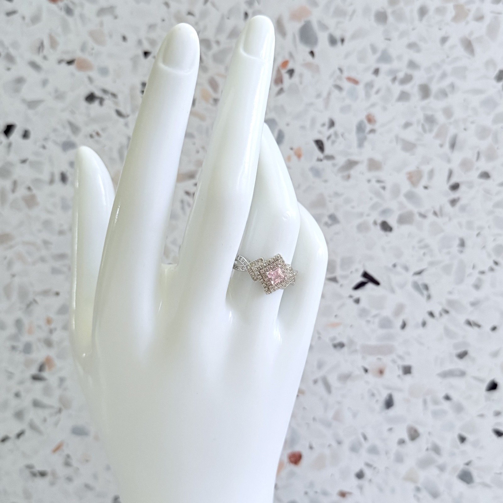 14k Gold & 925 Sterling White & Pink Simulated Sapphire Halo Women’s Ring