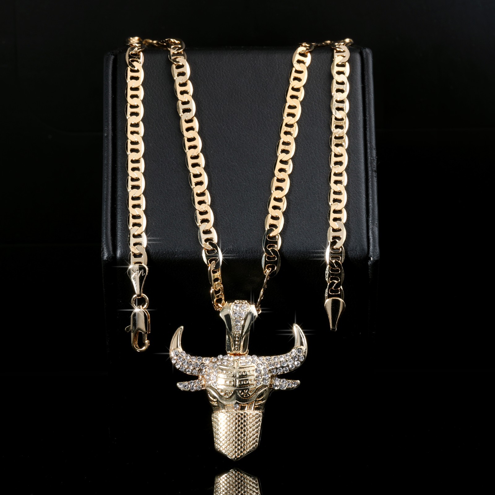 14k Gold Flat Mariner Chain Necklace 20″ Masked Bull Taurus Gold Plated Fashion