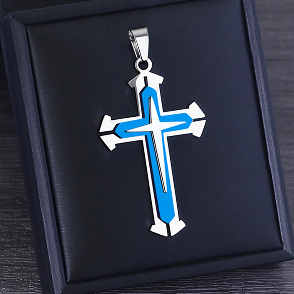 Vintage Cross Pendant Necklace BLUE & Gold Stainless Steel Alloy Unisex Crucifix