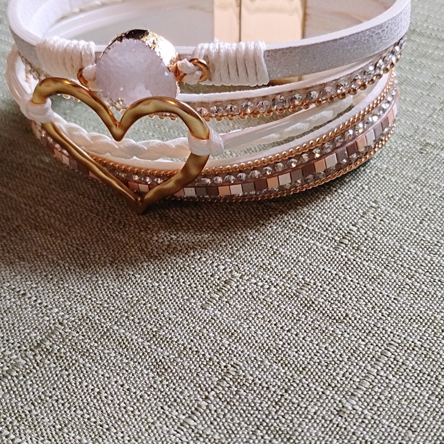 White Gold Wrap Multi-Strand Bracelet Heart Dangle Magnetic Clasp. 6092